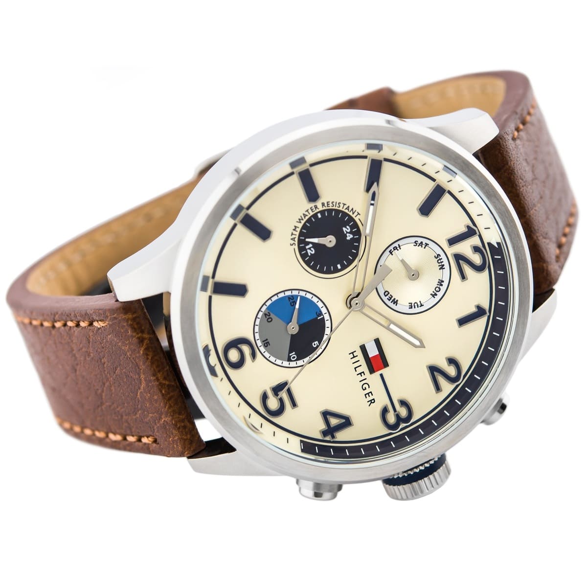 Tommy Hilfiger Jackson Multi-Function Silver Dial Brown Leather Strap Watch for Men - 1791239