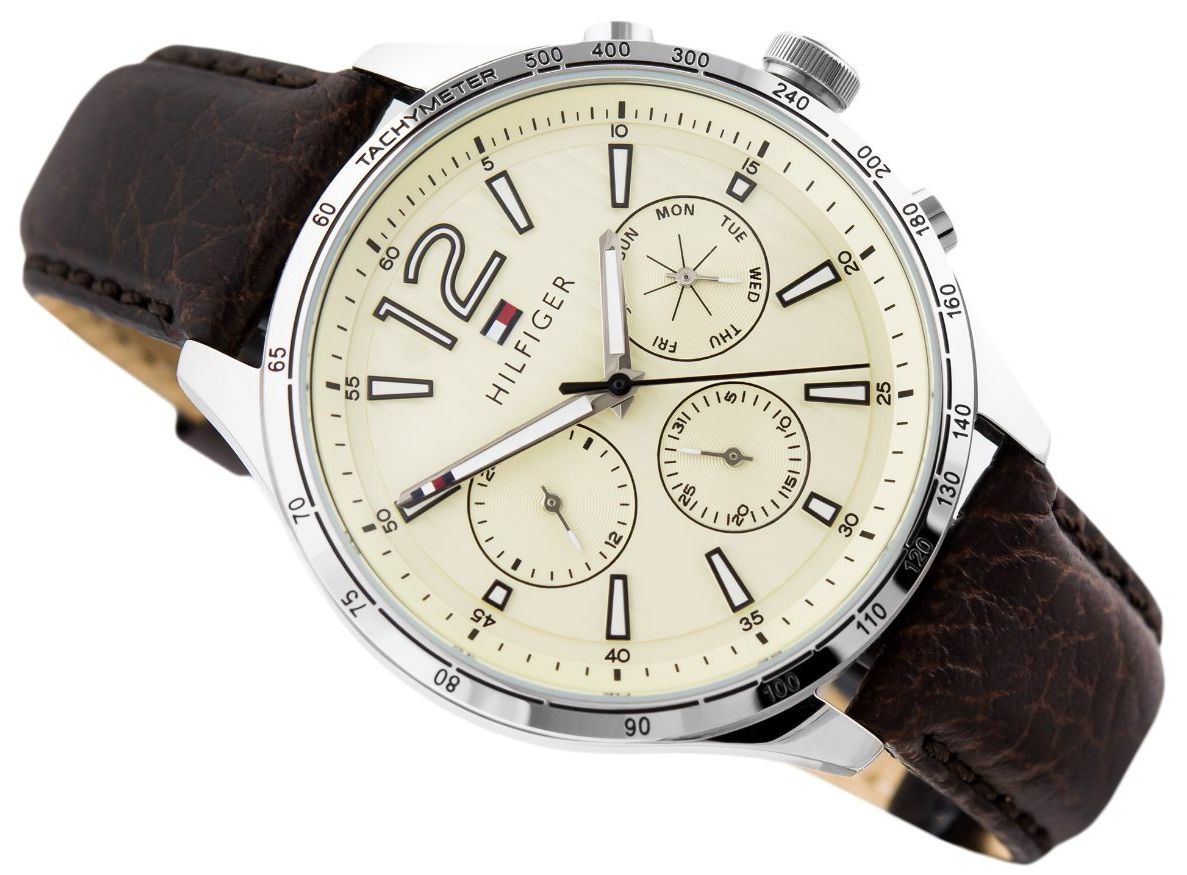 Tommy Hilfiger Gavin Chronograph White Dial Brown Leather Strap Watch for Men - 1791467