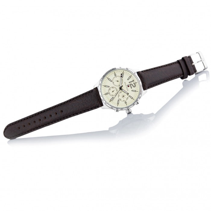 Tommy Hilfiger Gavin Chronograph White Dial Brown Leather Strap Watch for Men - 1791467