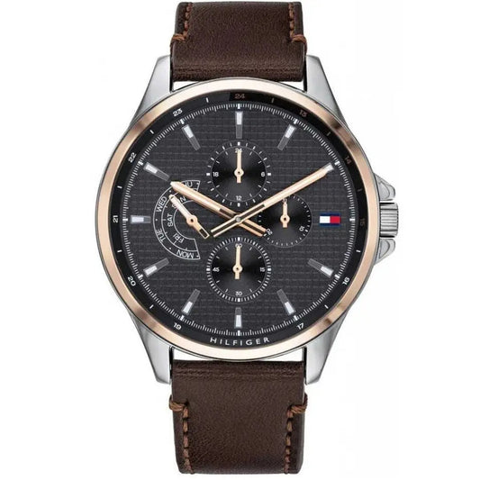 Tommy Hilfiger Shawn Multi Function Quartz Grey Dial Brown Leather Strap Watch for Men - 1791615