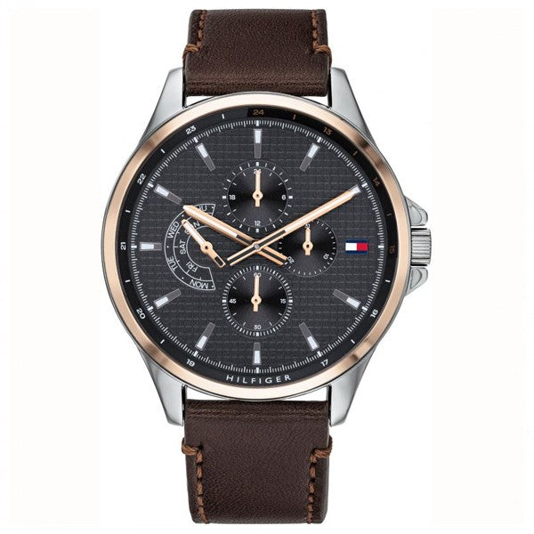 Tommy Hilfiger Shawn Multi Function Quartz Grey Dial Brown Leather Strap Watch for Men - 1791615