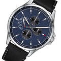 Tommy Hilfiger Shawn Multi Function Quartz Blue Dial Black Leather Strap Watch for Men - 1791616