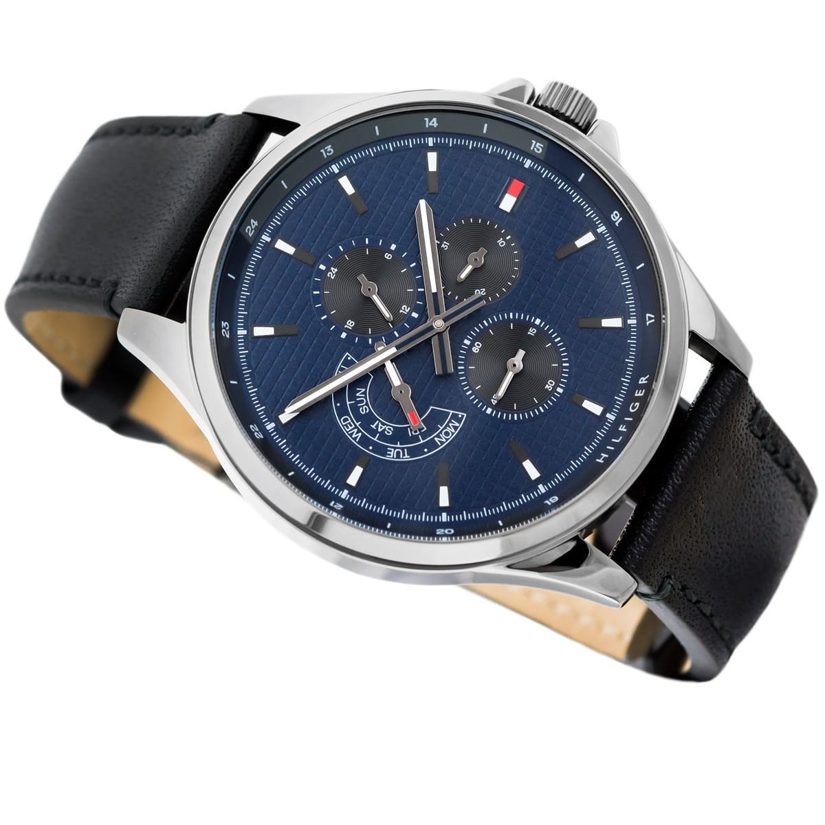 Tommy Hilfiger Shawn Multi Function Quartz Blue Dial Black Leather Strap Watch for Men - 1791616