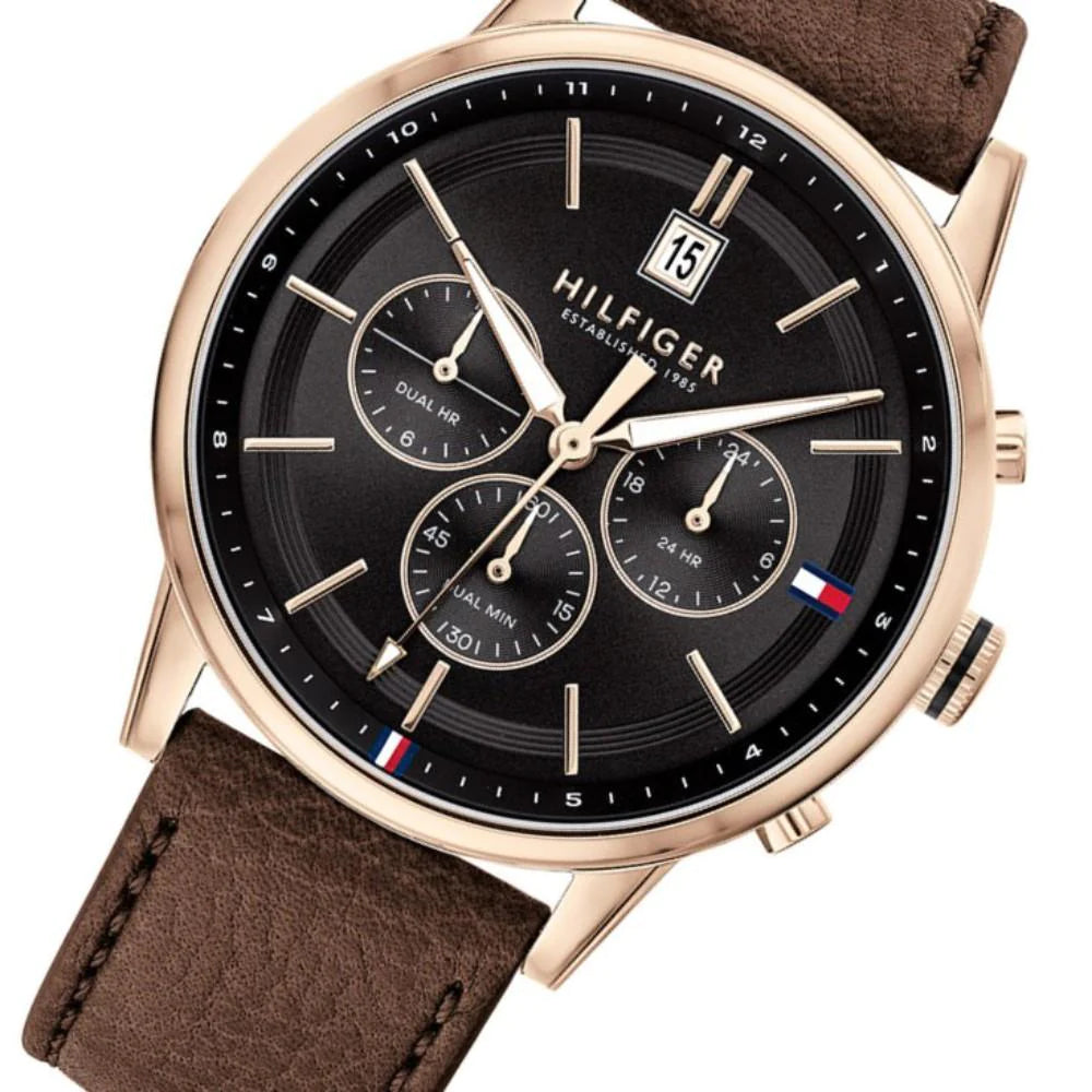 Tommy Hilfiger Shawn Multi Function Quartz Grey Dial Brown Leather Strap Watch for Men - 1791615