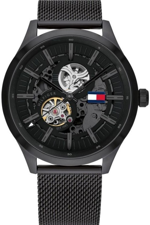 Tommy Hilfiger Spencer Skeleton Black Dial Black Mesh Bracelet Watch for Men - 1791644