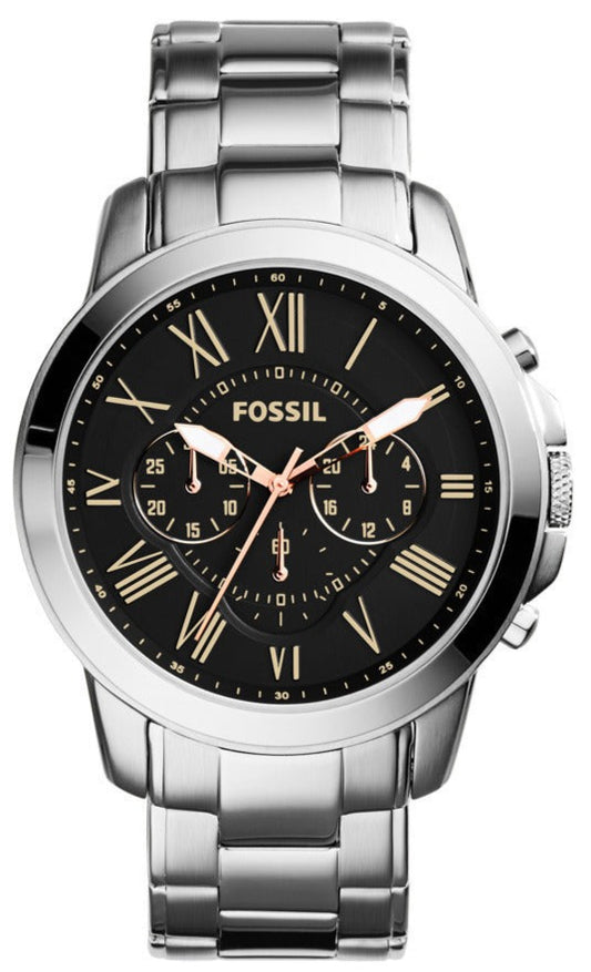 Fossil Grant Chronograph Black Dial Silver Steel Strap Watch for Men - FS4994