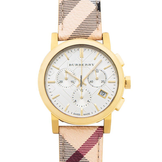 Burberry The City White Dial Haymarket Beige Leather Strap Watch for Women - BU9752