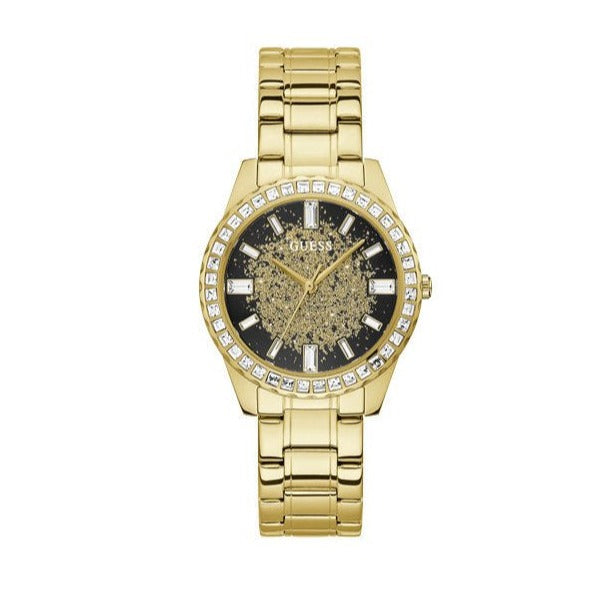 Guess Night Life Diamonds Black Dial Gold Steel Strap Watch for Women - GW0405L2