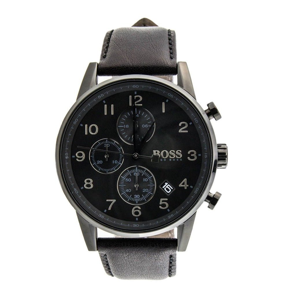 Hugo Boss Navigator Chronograph Black Dial Black Leather Strap Watch for Men - 1513497