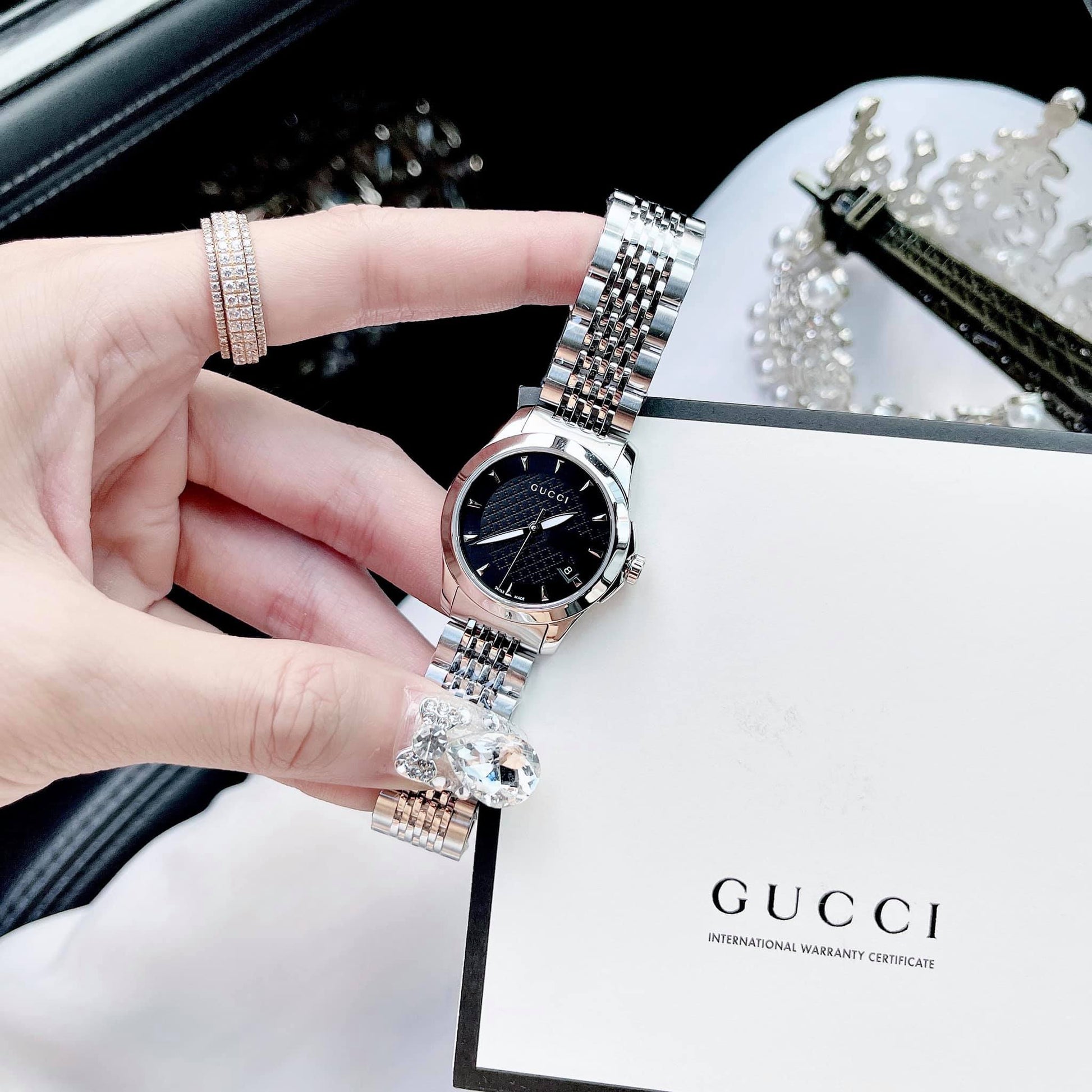 Gucci G Timeless Quartz Black Dial Silver Steel Strap Watch For Women - YA126502