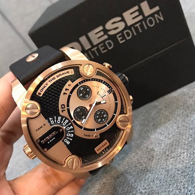 Diesel Little Daddy Black & Gold Dial Black Leather Watch For Men - DZ7282
