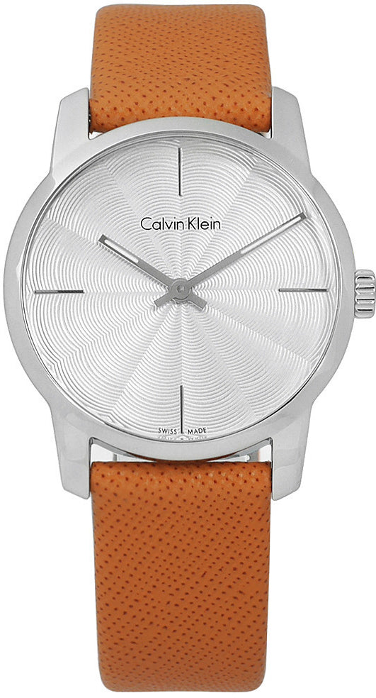 Calvin Klein City Silver Dial Orange Leather Strap Watch for Women - K2G231G6