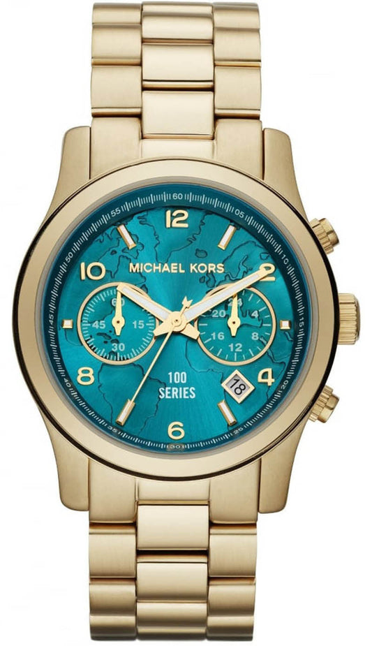 Michael Kors Runway Stop Hunger Blue Dial Gold Steel Strap Watch for Men - MK8315