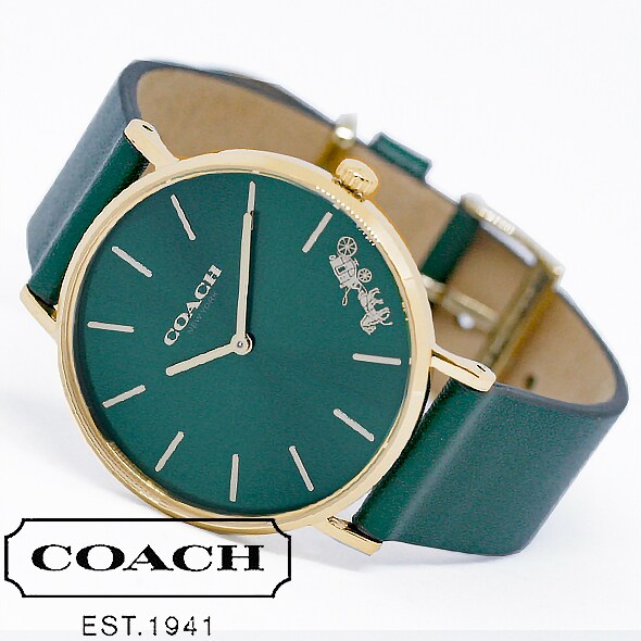 Coach Green Dial Green Leather Strap Watch for Women - 14503383