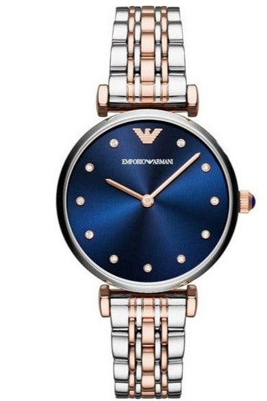 Emporio Armani Gianni T Bar Blue Dial Two Tone Steel Strap Watch For Women - AR11092