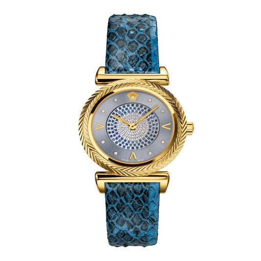 Versace V-Motif Vintage Diamonds Blue Dial Blue Leather Strap Watch for Women - VERE01018