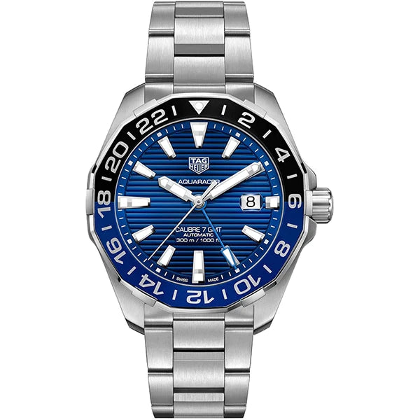 Tag Heuer Aquaracer GMT Blue Dial Calibre 6 Automatic Blue Dial Silver Steel Strap Watch for Men - WAY201T.BA0927