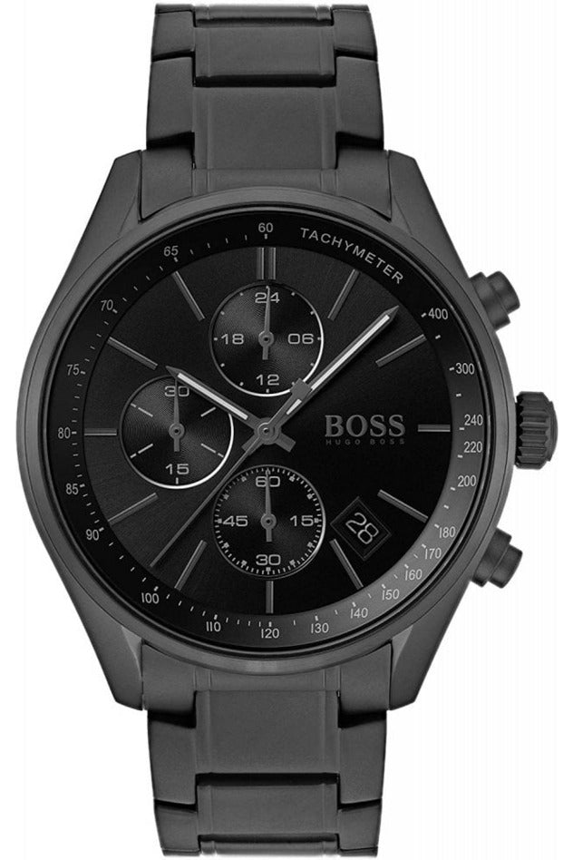 Hugo Boss Grand Prix Chronograph Black Dial Black Steel Strap Watch for Men - 1513676