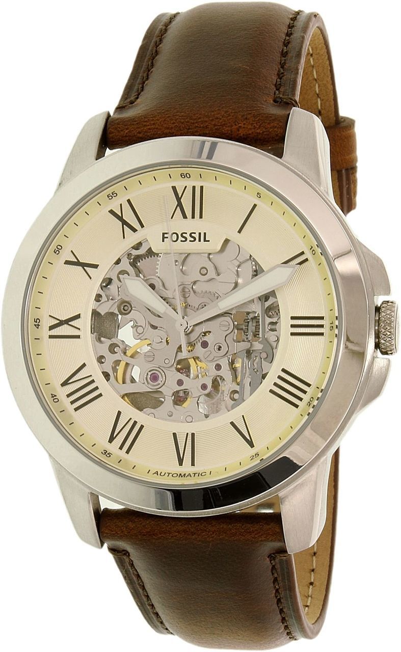 Fossil Grant Automatic Skeleton Beige Dial Brown Leather Strap Watch for Men - ME3099