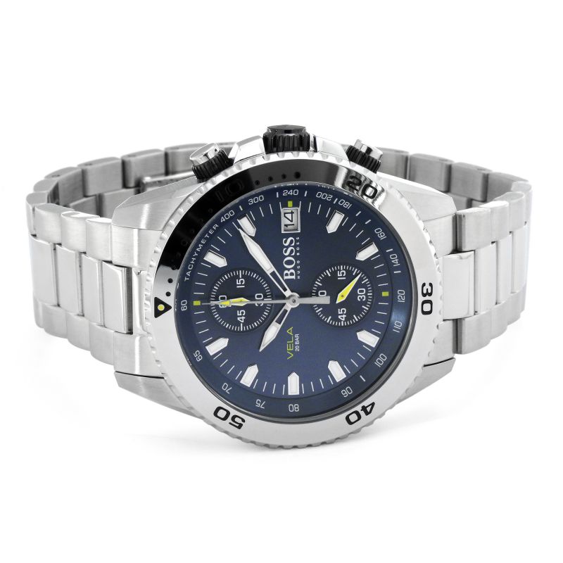 Hugo Boss Vela Diver Chronograph Blue Dial Silver Steel Strap Watch for Men - 1513775