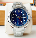 Versace Hellenyium GMT Blue Dial Silver Steel Strap Watch for Men - V11010015