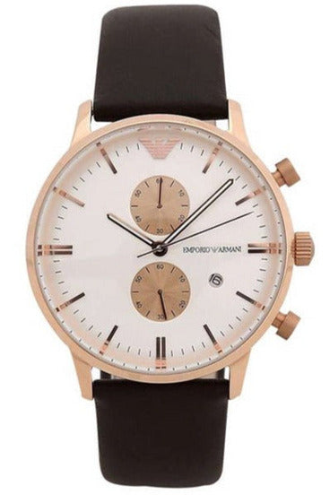 Emporio Armani Gianni Classic Chronograph White Dial Brown Leather Strap Watch For Men - AR0398