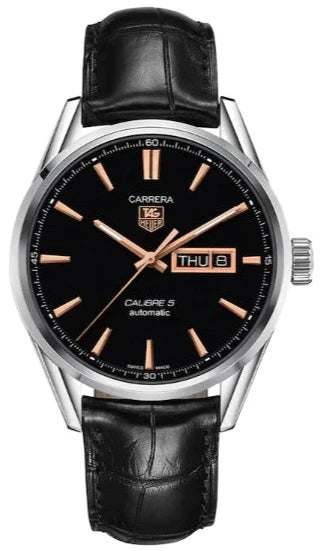 Tag Heuer Carrera Calibre 5 Automatic 41mm Black Dial Black Leather Strap Watch for Men - WAR201C.FC6266