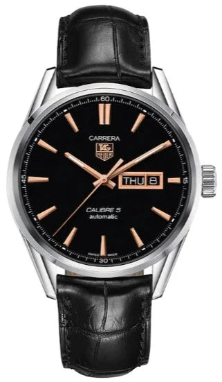 Tag Heuer Carrera Calibre 5 Automatic Black Dial Black Leather Strap Watch for Men - WAR201C.FC6266