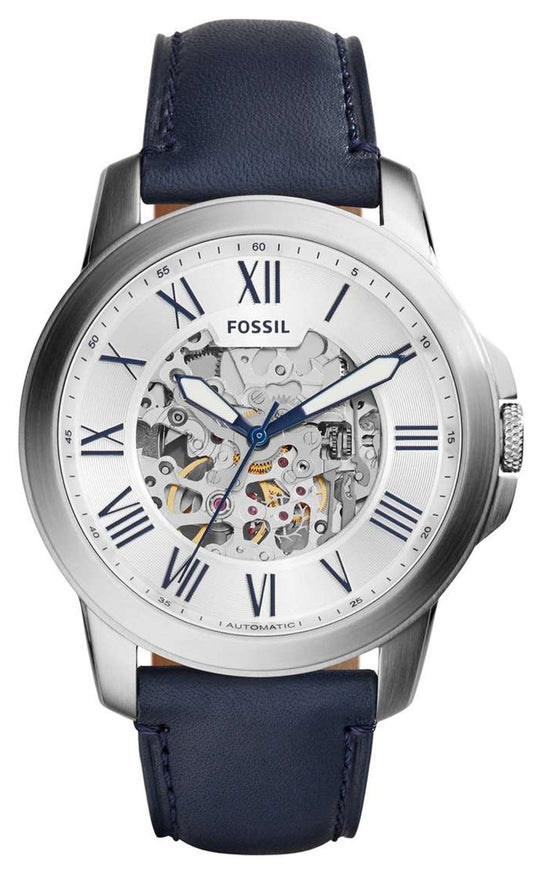 Fossil Grant Automatic Skeleton Silver Dial Blue Leather Strap Watch for Men - ME3111