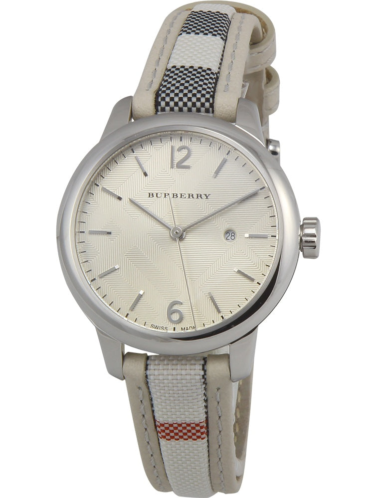 Burberry The Classic Silver Dial White Leather Strap Watch for Women - BU10113