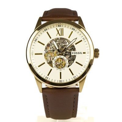 Fossil Flynn Mechanical Skeleton Beige Dial Brown Leather Strap Watch for Men - BQ2215