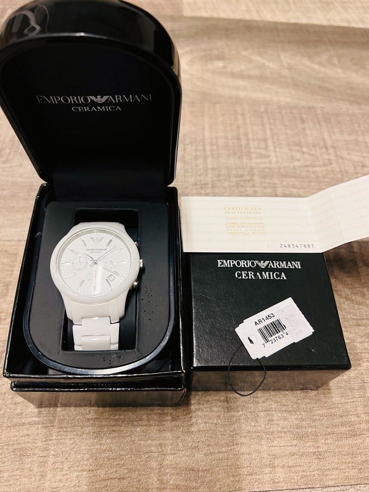 Emporio Armani Ceramica Chronograph White Dial White Steel Strap Watch For Men - AR1453