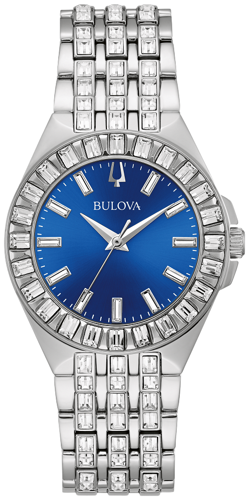 Bulova Phantom Baguette Crystal Blue Dial Silver Steel Strap Watch for Men - 96A254