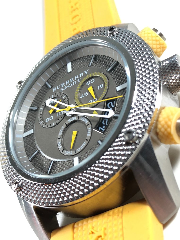 Burberry Sport Chronograph Grey Dial Yellow Rubber Strap Watch for Men - BU7712