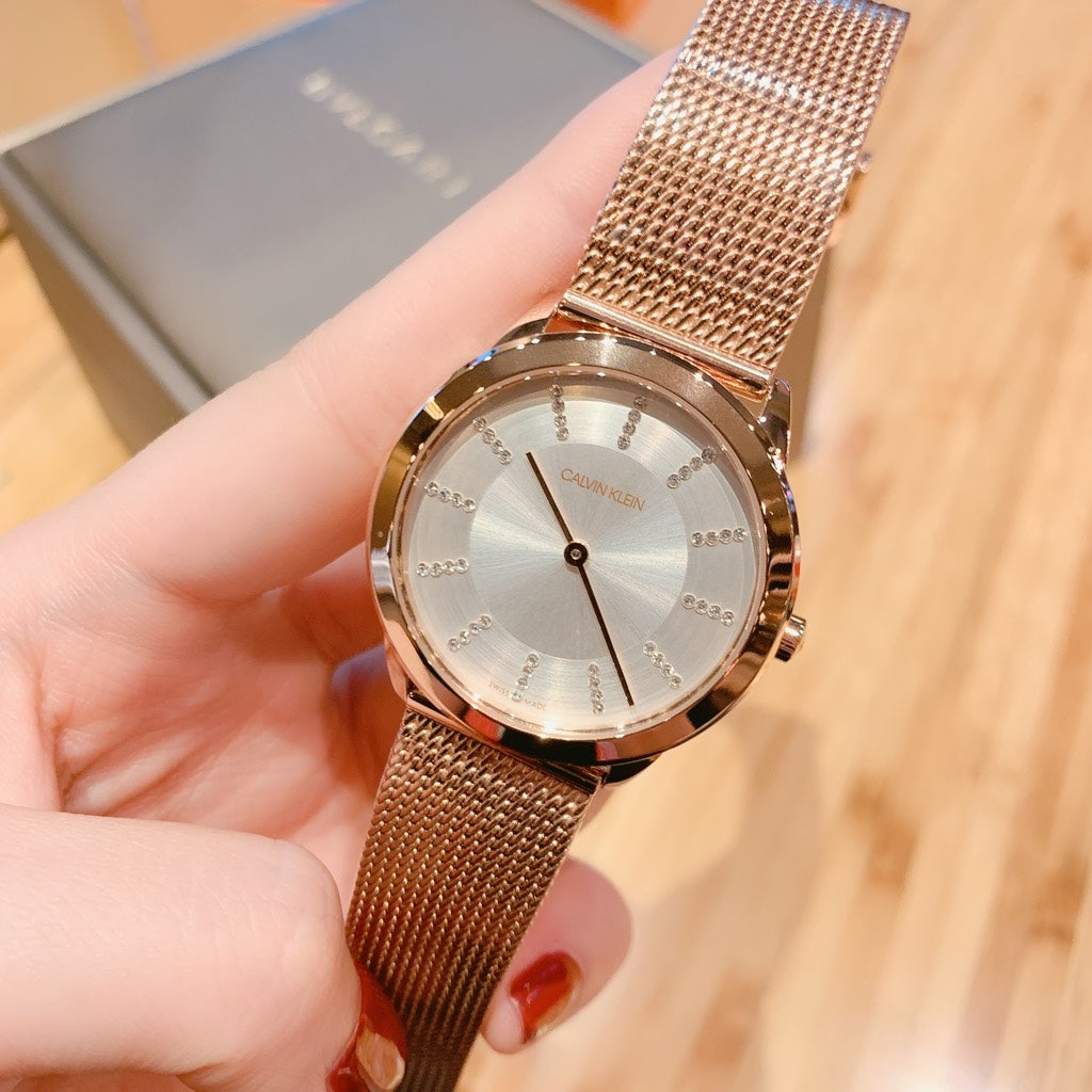 Calvin Klein Minimal White Dial Rose Gold Mesh Bracelet Watch for Women - K3M22Y2X