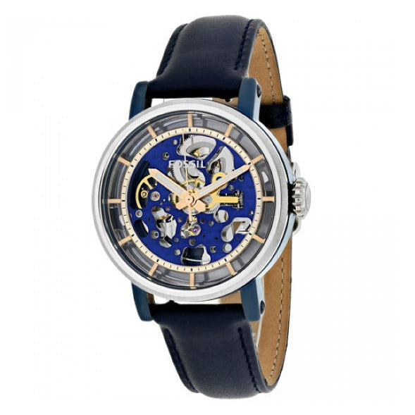 Fossil Boyfriend Skeleton Silver Dial Blue Leather Strap Watch for Women - ME3136