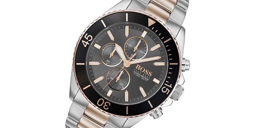 Hugo Boss Ocean Edition Black Dial Two Tone Steel Strap Watch for Men - 1513705