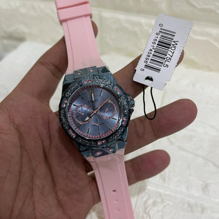 Guess Limelight Blue Dial Pink Rubber Strap Watch For Women - W0775L5