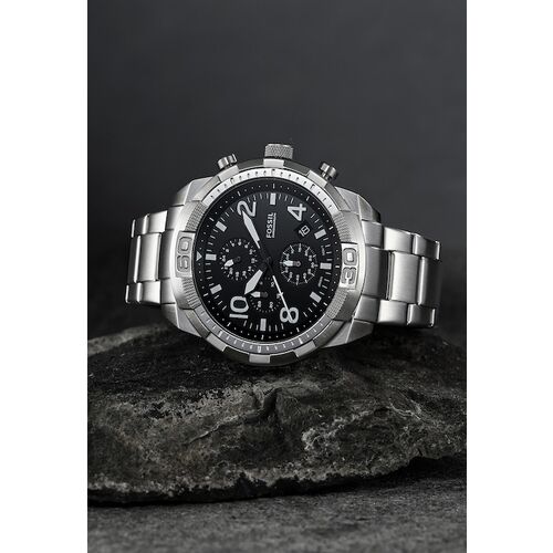 Fossil Bronson Chronograph Black Dial Silver Steel Strap Watch for Men - FS5710