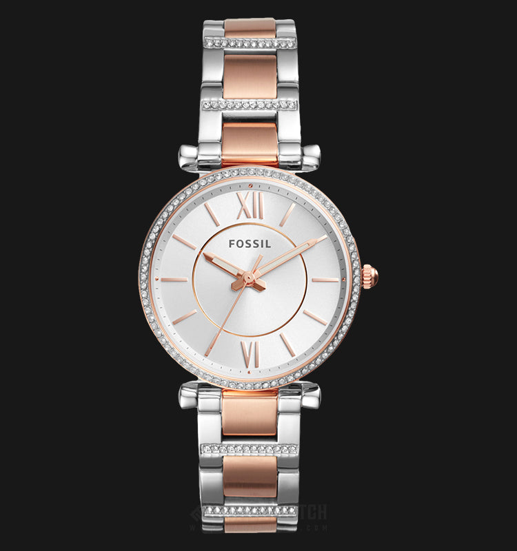 Fossil Carlie Silver Dial Two Tone Steel Strap Watch for Women - ES4342