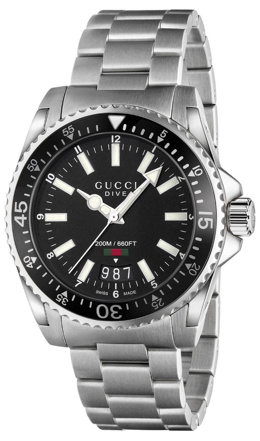 Gucci Dive Quartz Black Dial Silver Steel Strap Watch For Men - YA136301