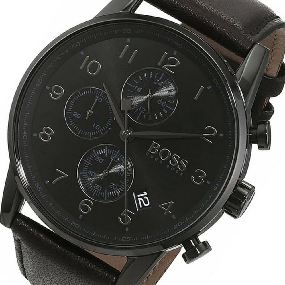 Hugo Boss Navigator Chronograph Black Dial Black Leather Strap Watch for Men - 1513497