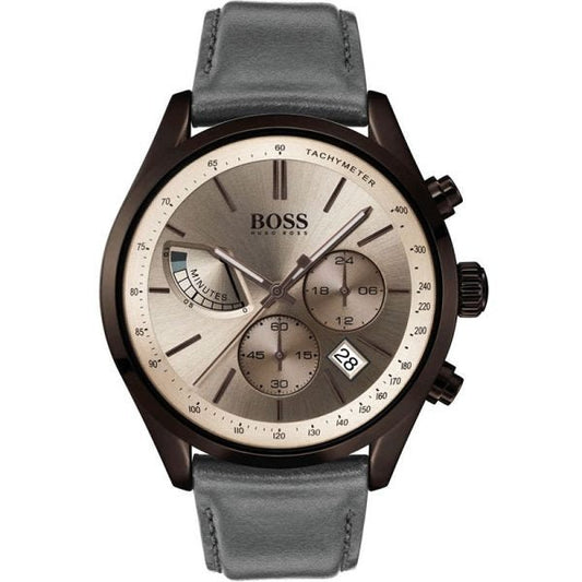 Hugo Boss Grand Prix Silver Dial Grey Leather Strap Watch for Men - 1513603