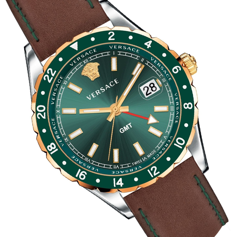 Versace Hellenyium Green Dial Brown Leather Strap Watch for Men - V11090017