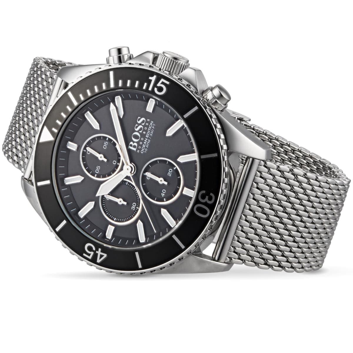 Hugo Boss Ocean Edition Chronograph Black Dial Silver Mesh Bracelet Watch for Men - 1513701