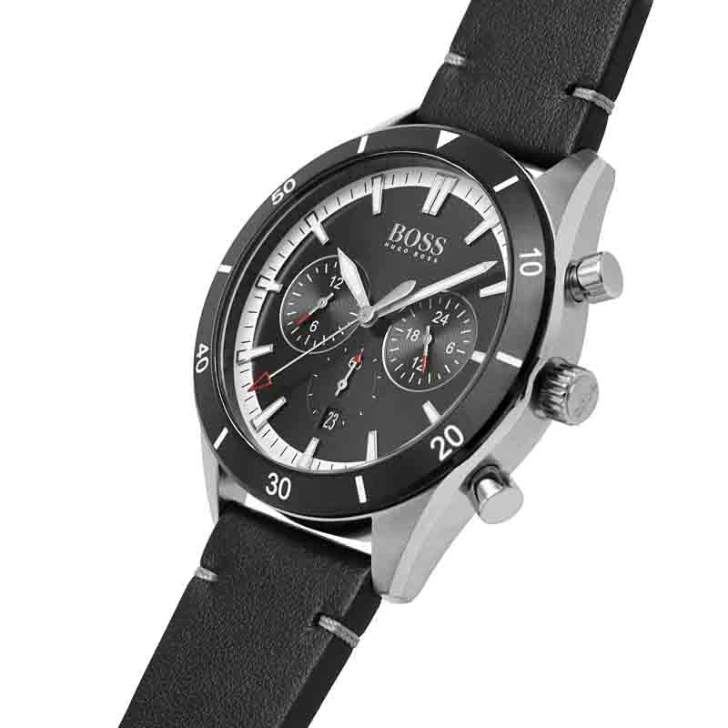 Hugo Boss Chronograph Black Dial Black Leather Strap Watch for Men - 1513864