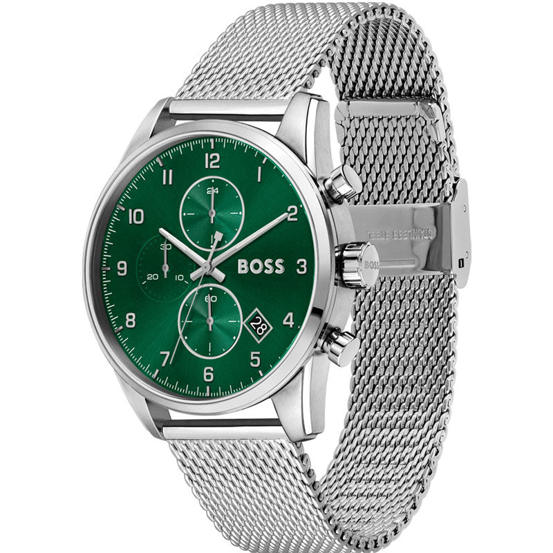 Hugo Boss Skymaster Green Dial Silver Mesh Bracelet Watch for Men - 1513938