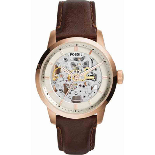 Fossil Townsman Automatic Skeleton White Dial Brown Leather Strap Watch for Men - ME3078