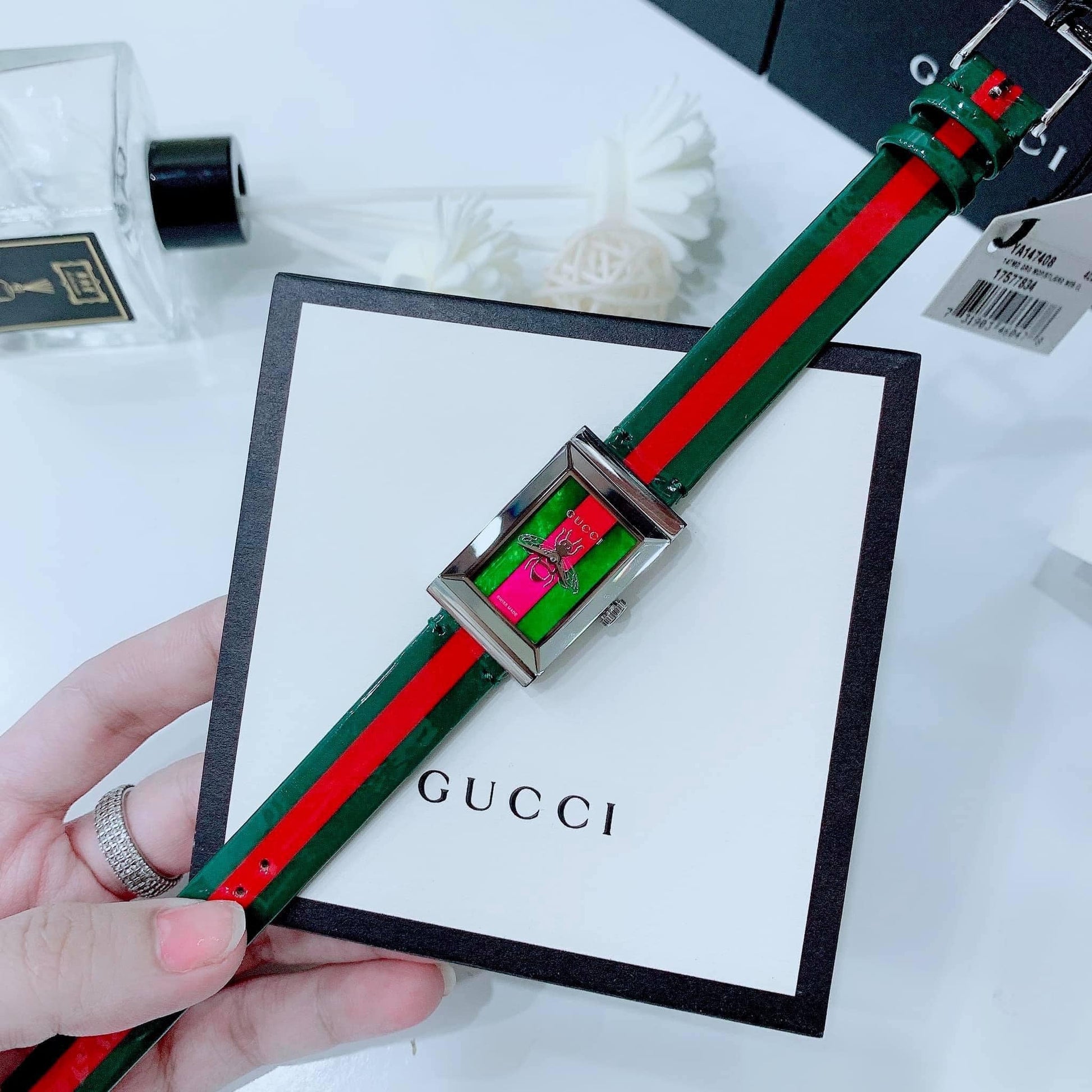 Gucci G Frame Quartz Two Tone Mother of Pearl Dial Multicolor Leather Strap Watch For Women - YA147408