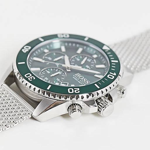 Hugo Boss Admiral Chronograph Green Dial Silver Mesh Bracelet Watch for Men - 1513905